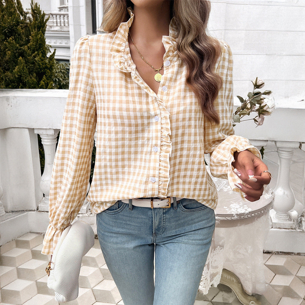 Women's checked blouse with ruffle details and button placket, size
