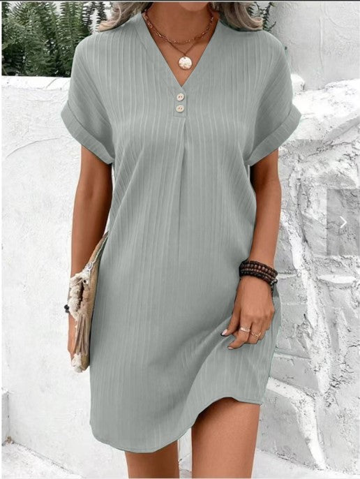 Damen Kurzarm Kleid mit Knopfleiste und feinem Längsstreifenmuster GR