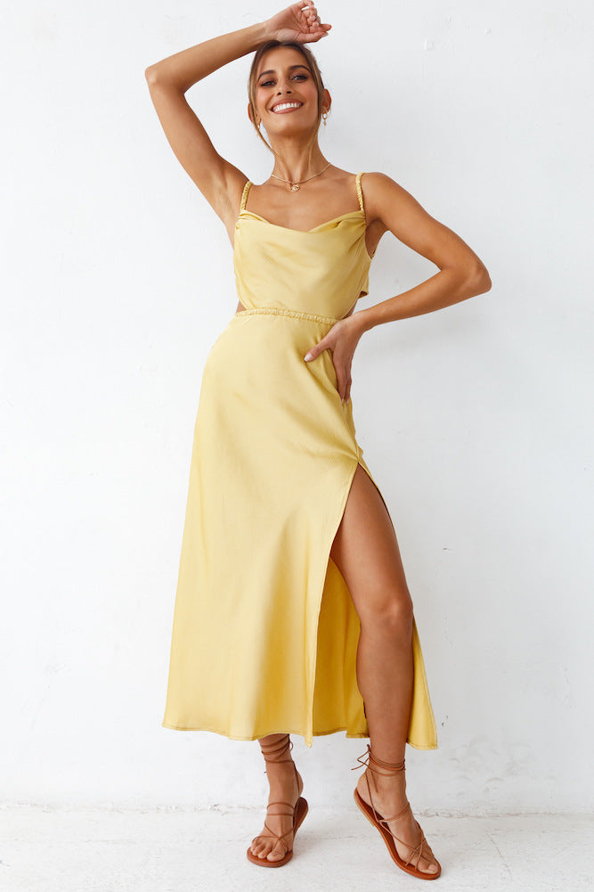 Women's satin midi dress with sophisticated ruffle details and elegant comfort, size S