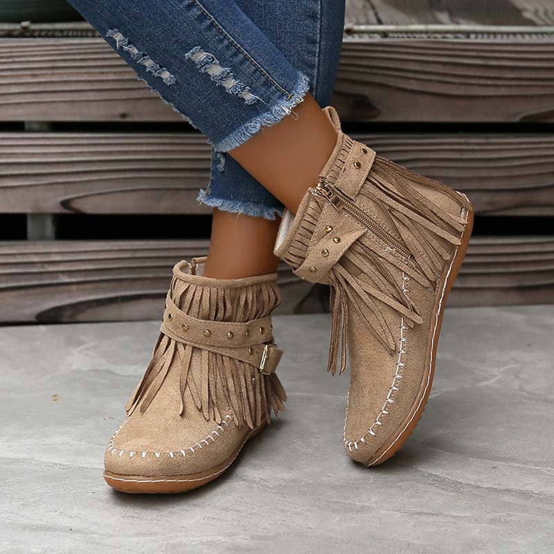 GR | Boho ankle boots with fringes and buckles for women