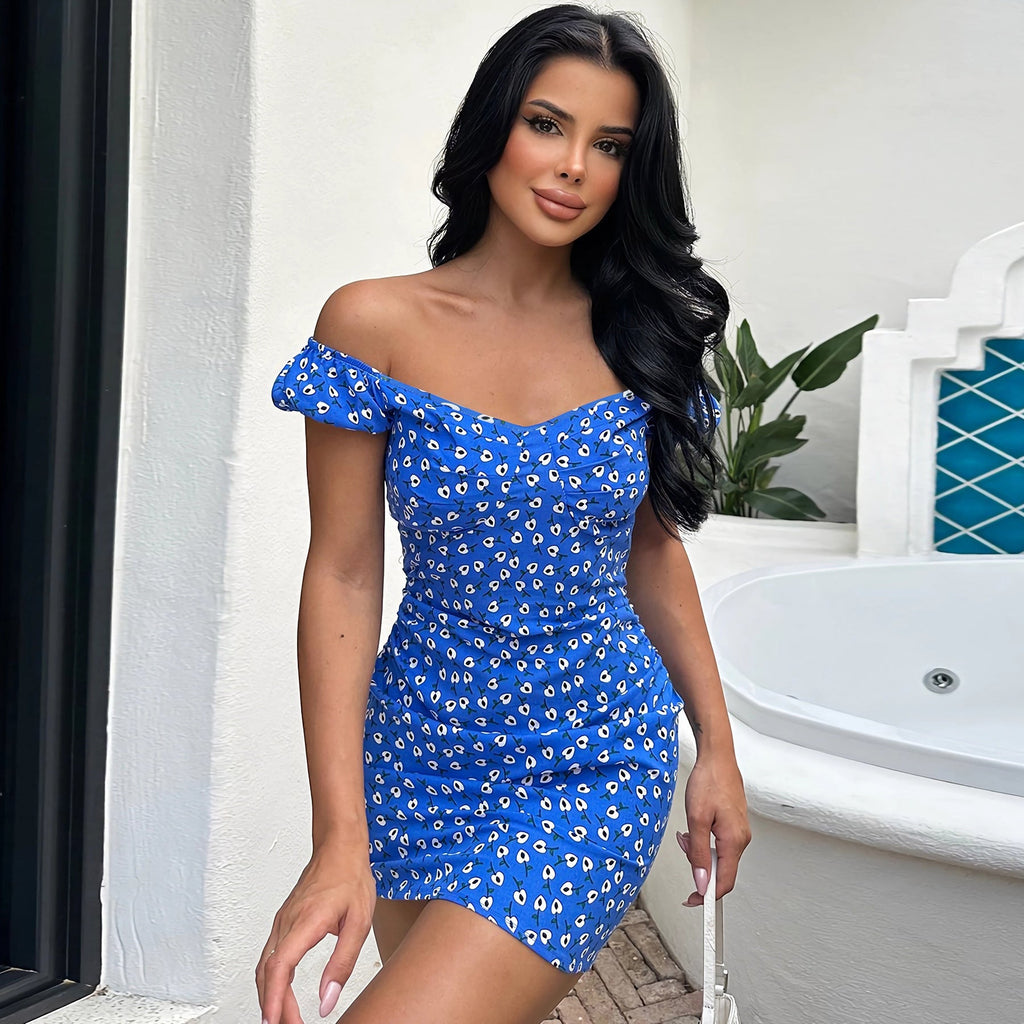 Women's floral print mini dress with puff sleeves, size