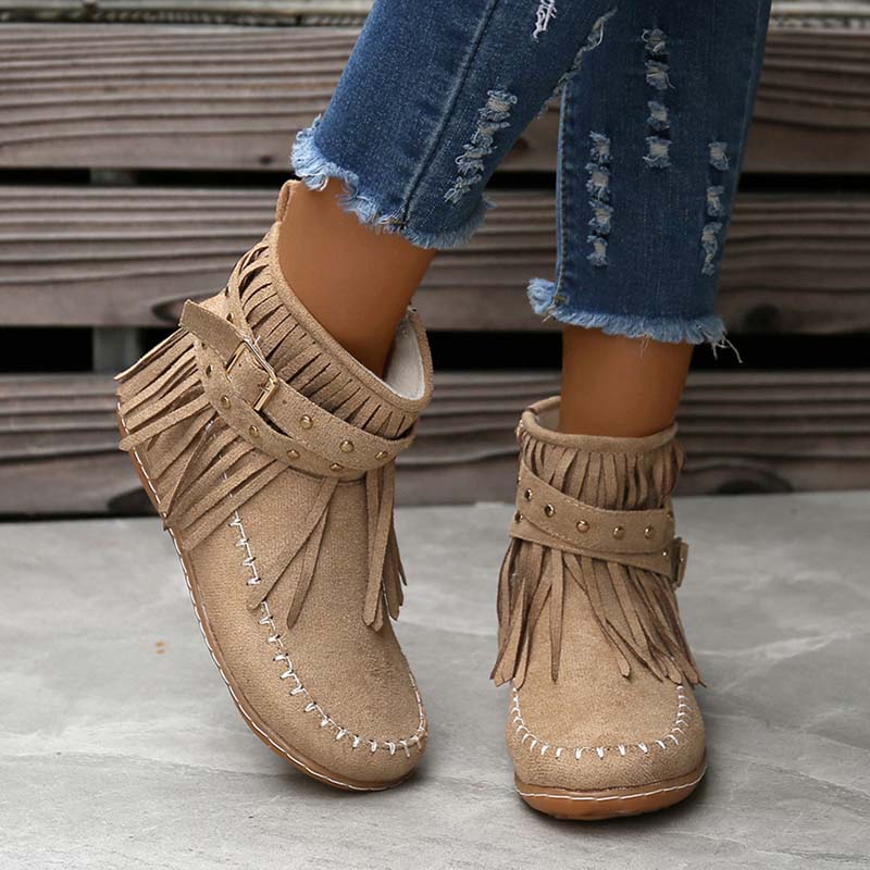 GR | Boho ankle boots with fringes and buckles for women