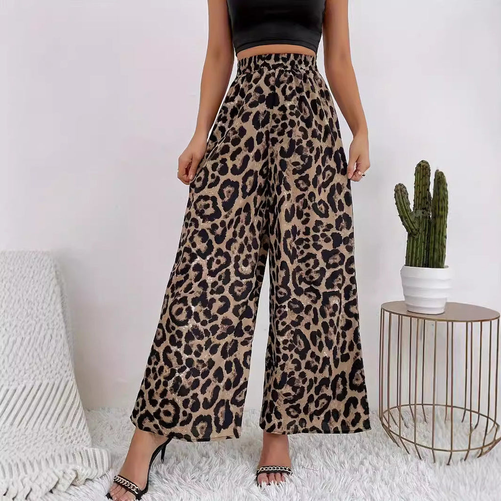 Damen Weite Leopard-Hosen aus fließendem Material mit elastischem Bund GR
