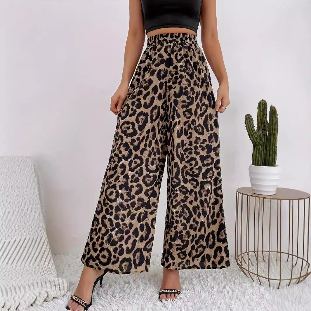 Damen Weite Leopard-Hosen aus fließendem Material mit elastischem Bund GR