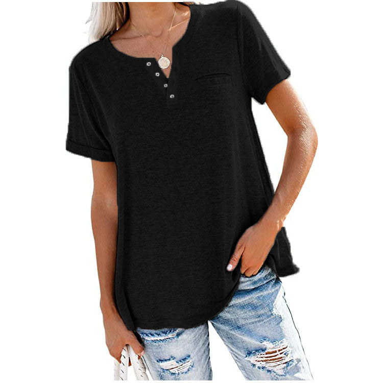 Women's casual T-shirt with button placket and chest pocket, size
