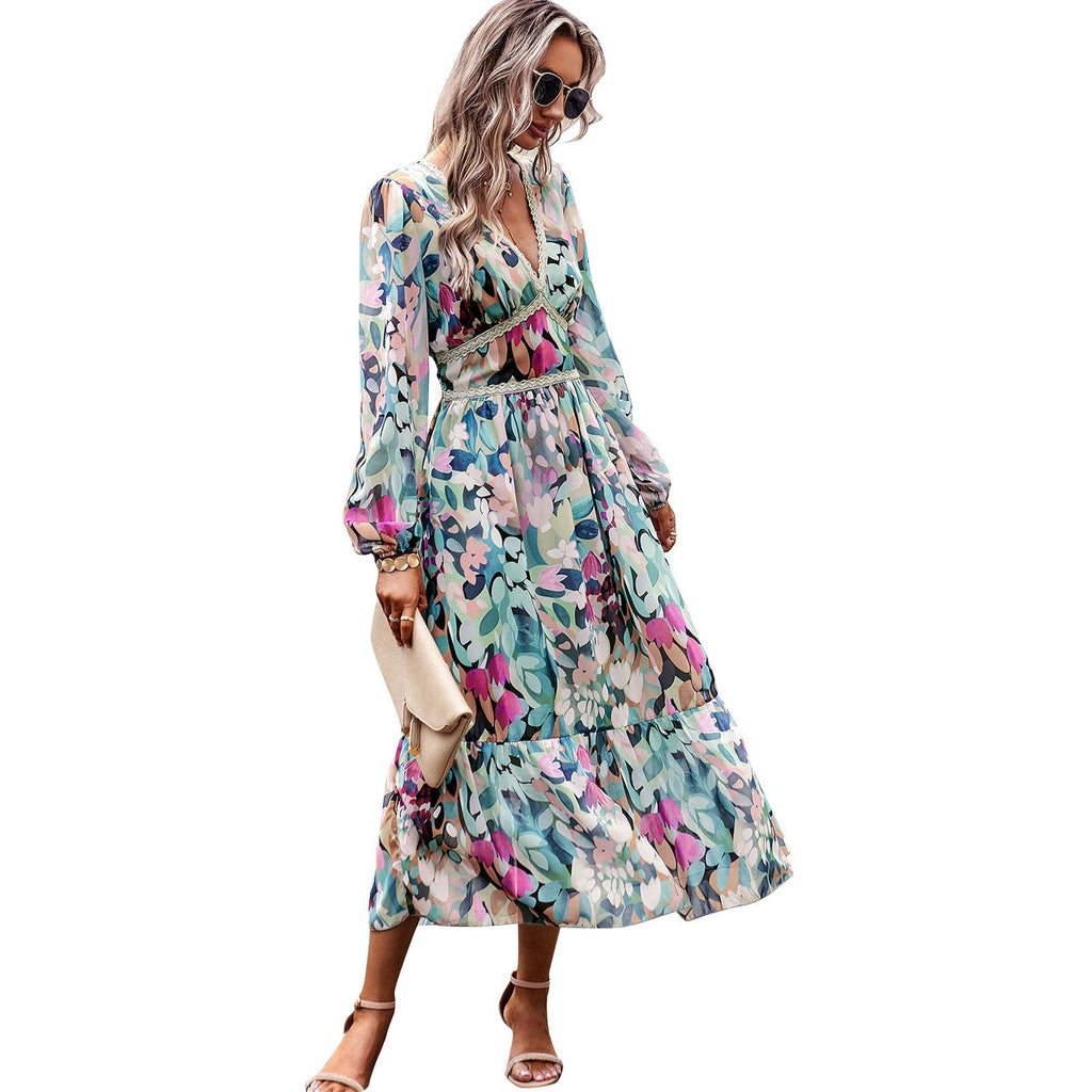 Women's midi dress with asymmetrical trim and deep V-neck, size