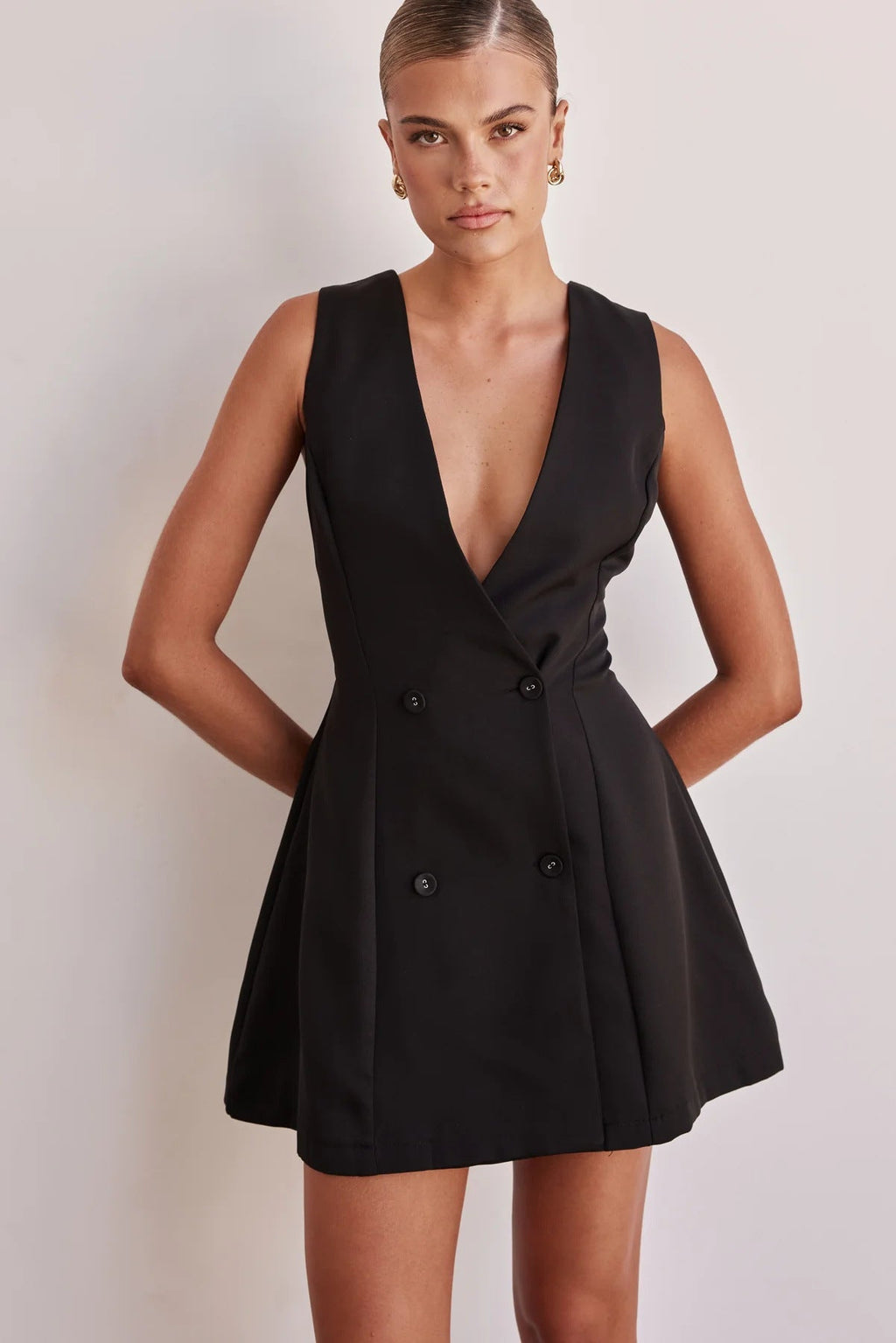 Damen Blusenkleid mit tiefem V-Ausschnitt und doppelter Knopfleiste GR
