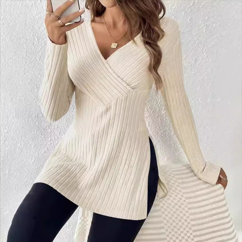 Women's elegant long-sleeved wrap-style shirt with textured ribbed look, size