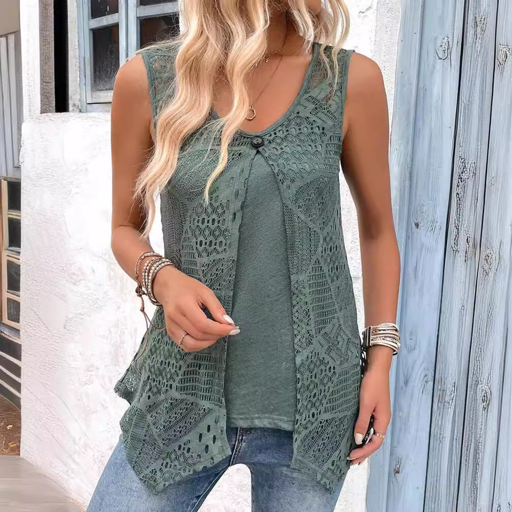 Women's sleeveless lace tunic shirt with fashionable button closure, size