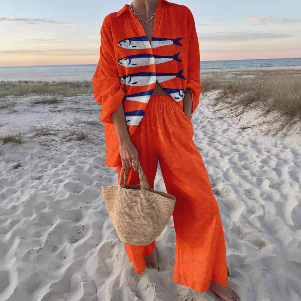 Women's casual set with striped top and wide-leg trousers, size GR