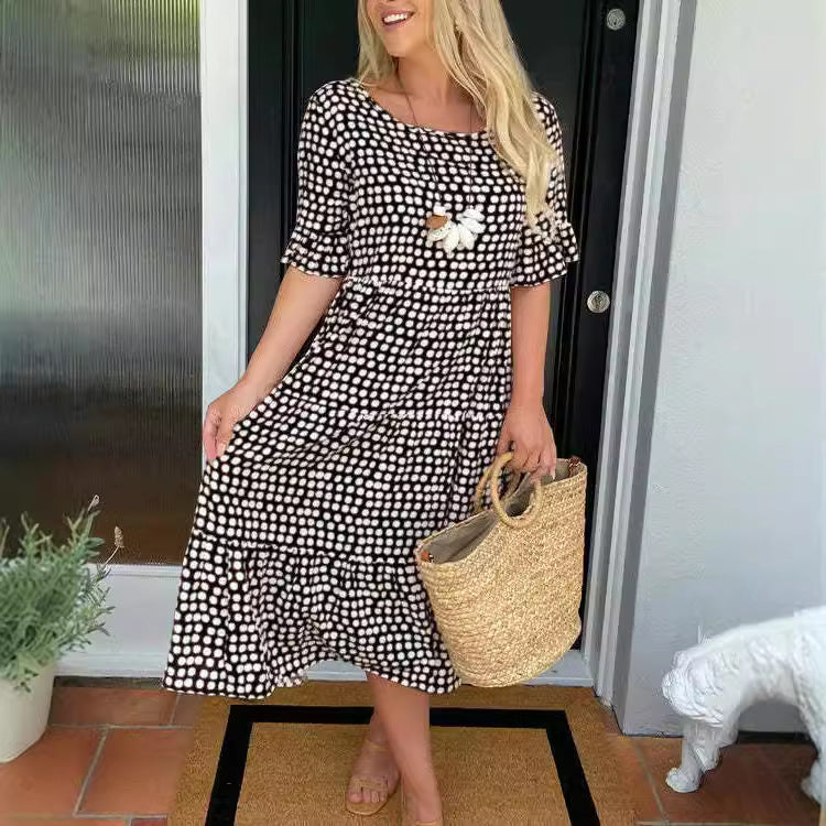 GR | Sommer Rundhals Bedrucktes Kurzarmkleid
