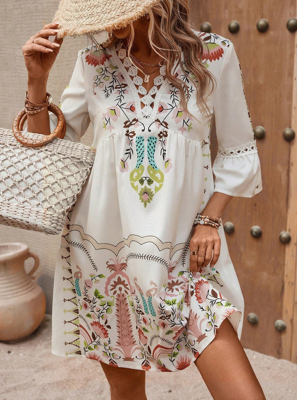 Damen Boho-inspiriertes Kleid mit verspielten Stickdetails und weich fließendem Schnitt GR
