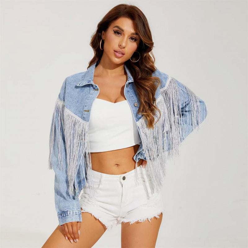 Women's denim jacket with frayed details and a relaxed fit, size S