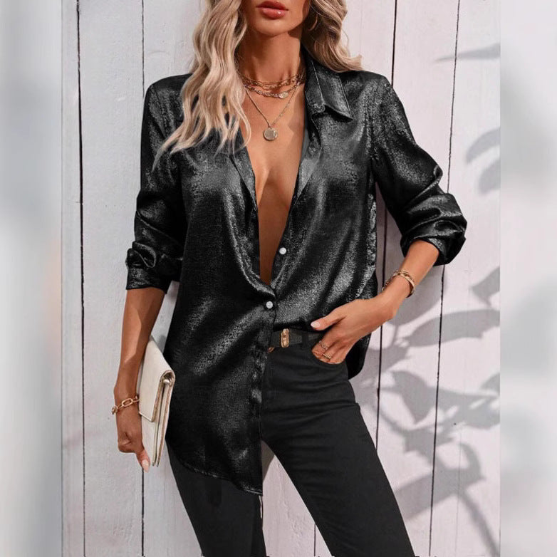 Damen glänzende Satin-Bluse mit modernen Cut-Out-Details GR