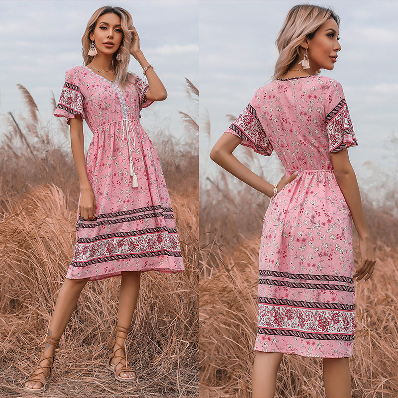Damen Boho-Style Kleider mit Stickdetails und Taillenzugbund GR