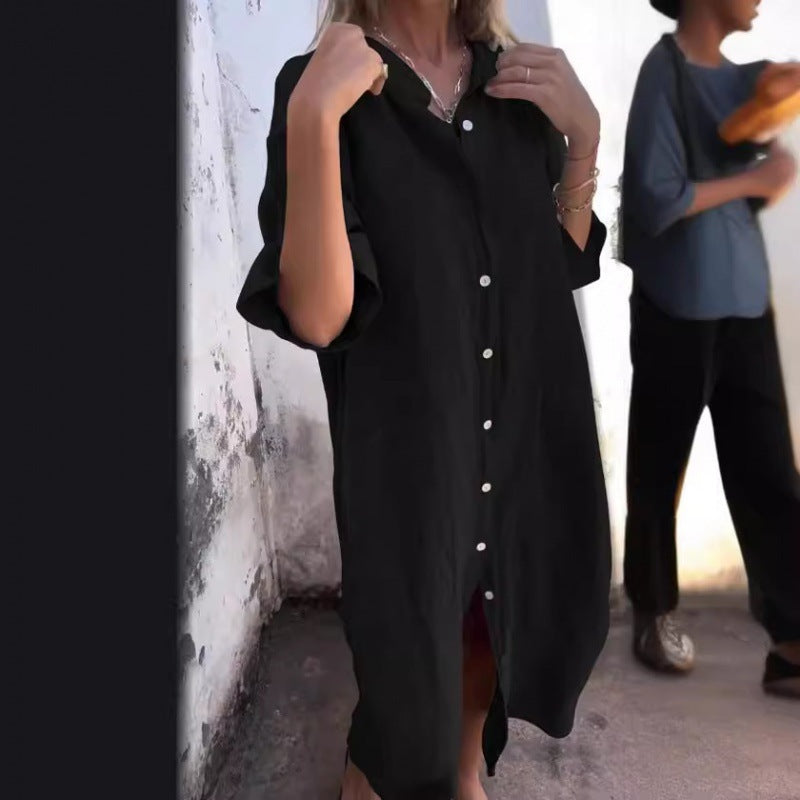 GR | Loose, casual cotton-linen shirt dress with half sleeves