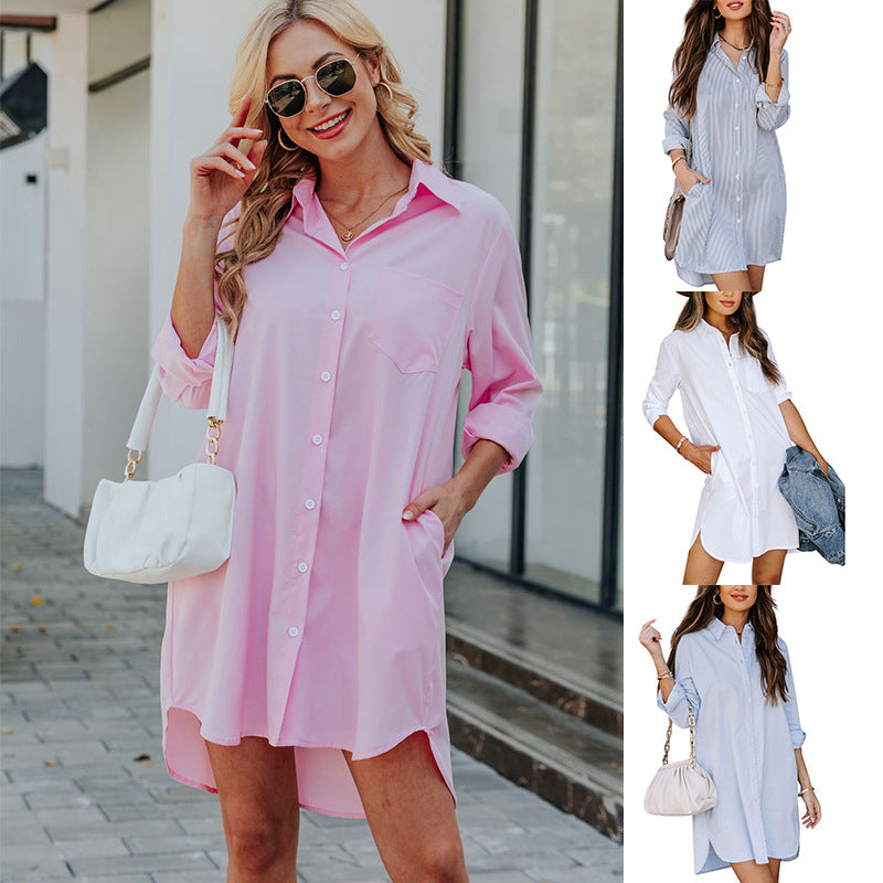 Damen Hemdblusenkleid mit praktischen Taschen und abgerundetem Saum GR