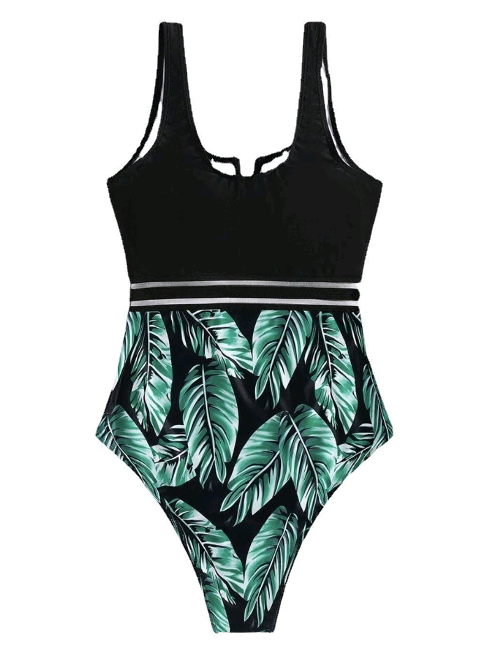 Women's high-waisted swimsuit with V-neck and modern leaf pattern, size
