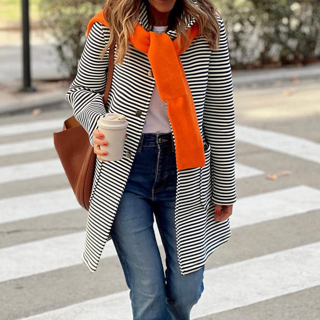 Women's striped trench coat with fashionable scarf and high functionality, size S