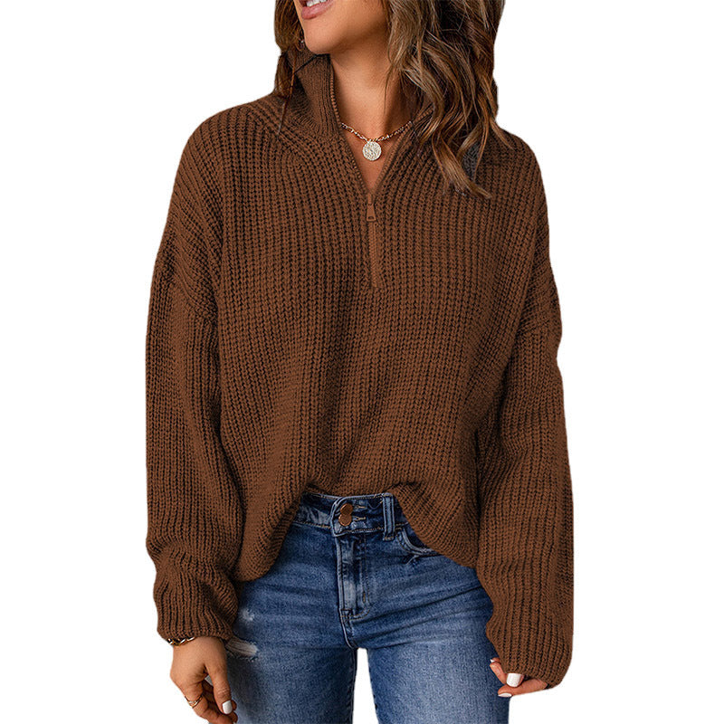 Damen Grober Strickpullover mit Stehkragen und Reißverschluss GR
