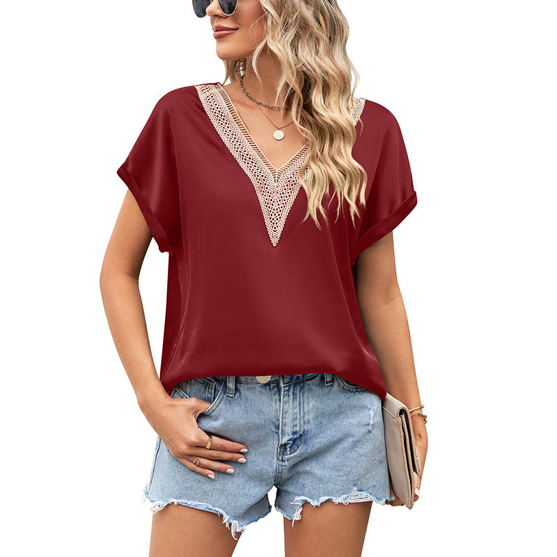 Women's blouse with deep V-neck and crochet accents, size