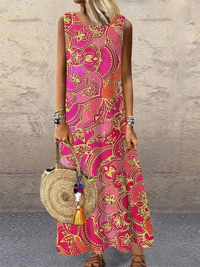 GR | Floral Print Round Neck Long Dress