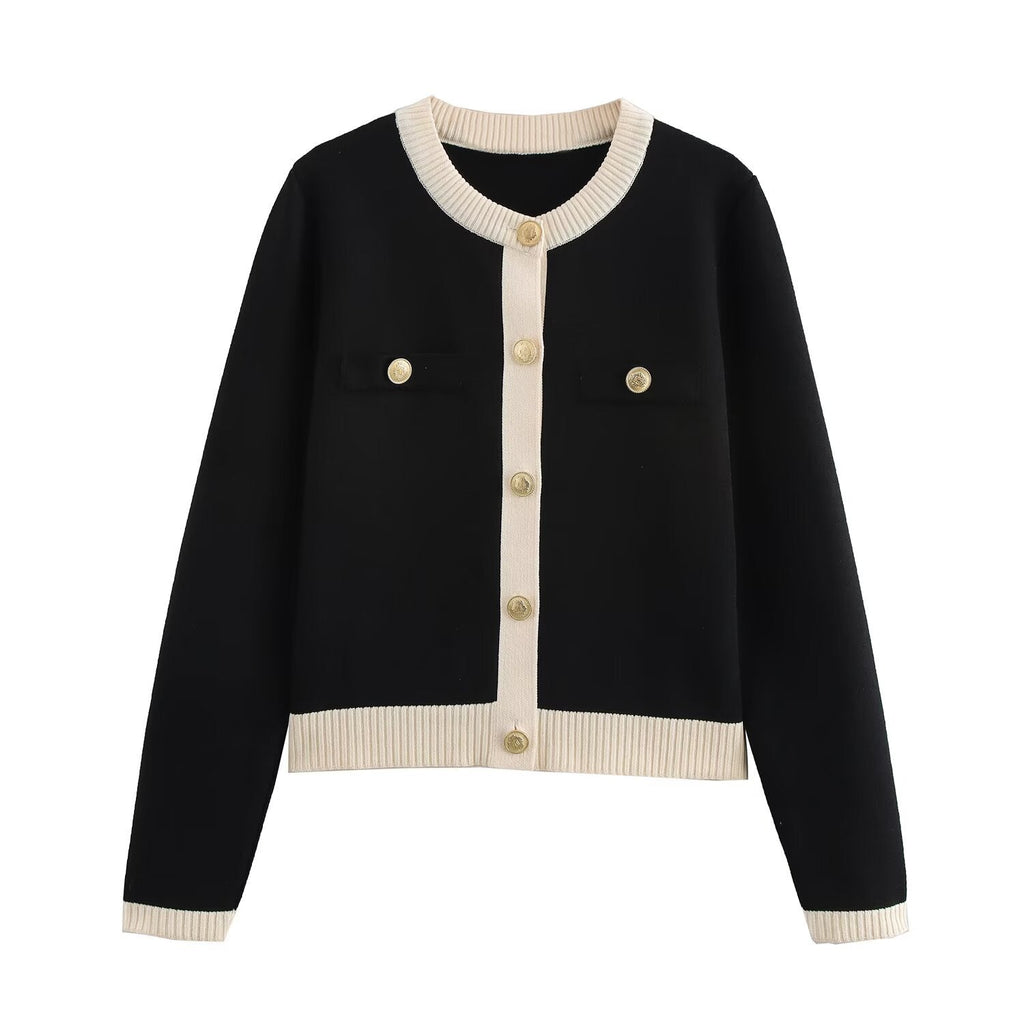 GR | Frühling Goldene Knopf Kontrast Strick Cardigan Top