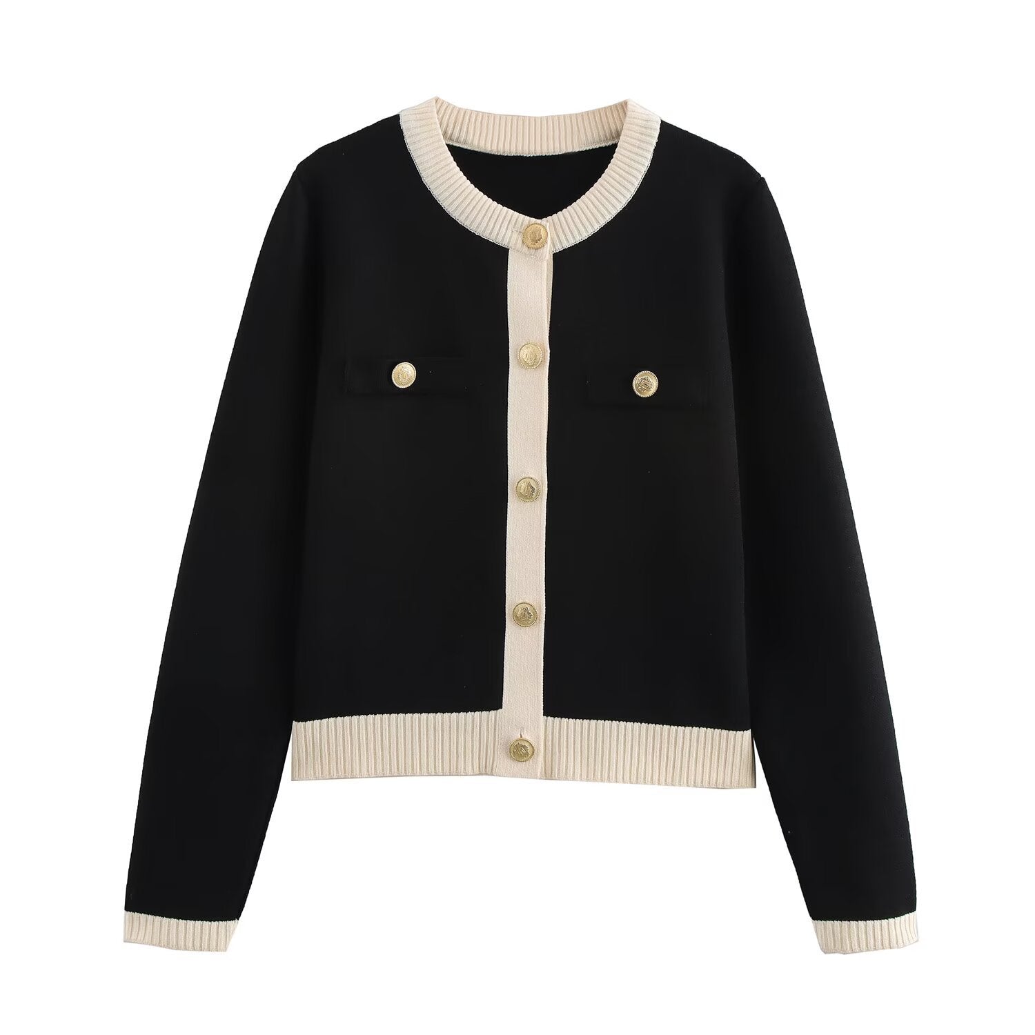 GR | Frühling Goldene Knopf Kontrast Strick Cardigan Top