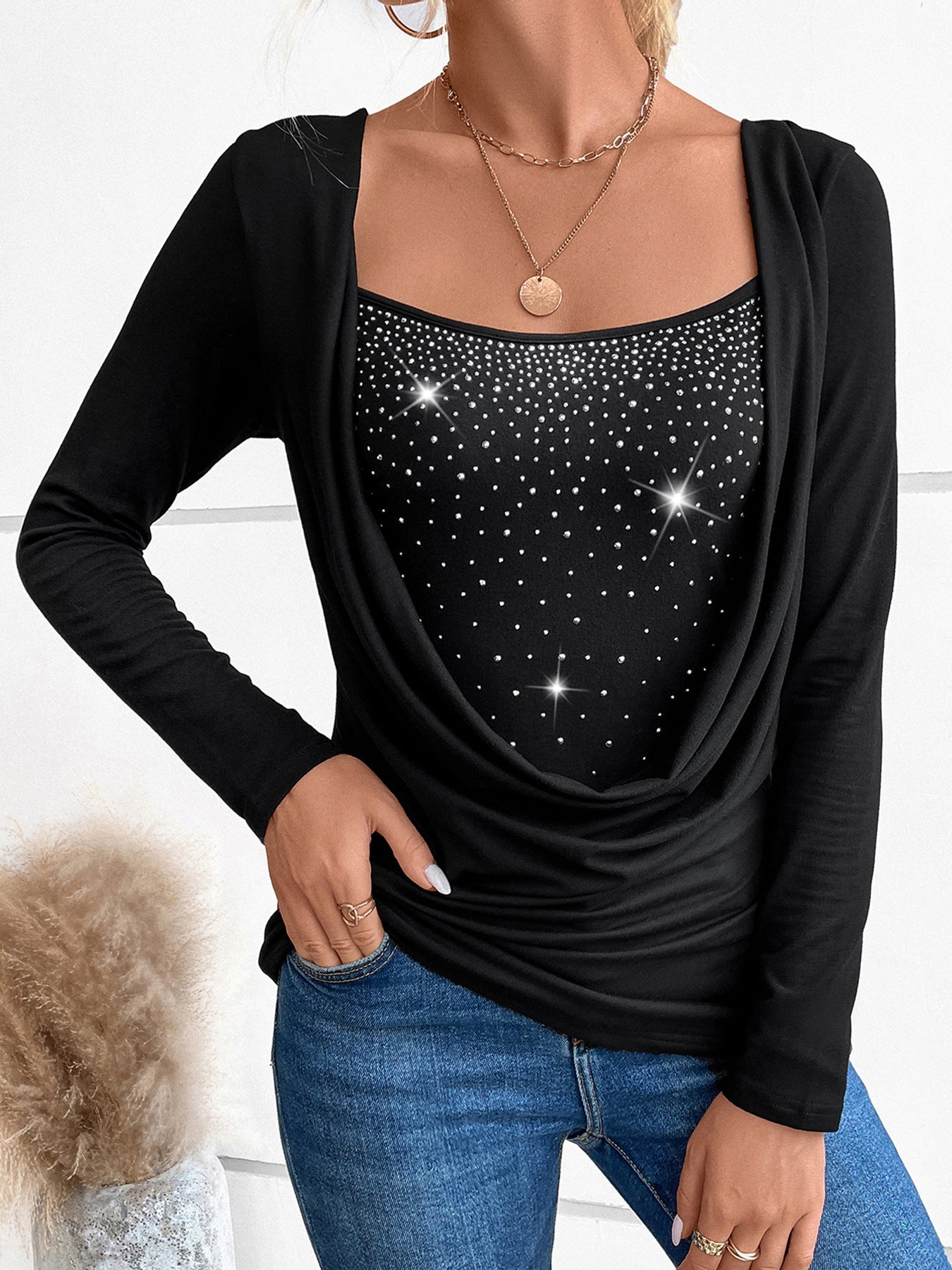 GR | Rhinestone-studded fake two-piece long-sleeved shirt