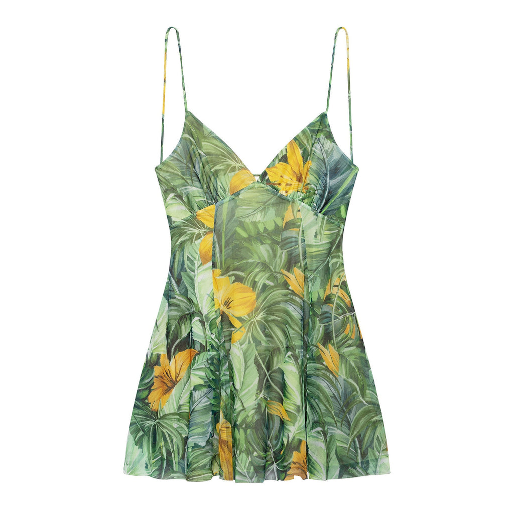 Women's mini dress with floral pattern and delicate spaghetti straps, size