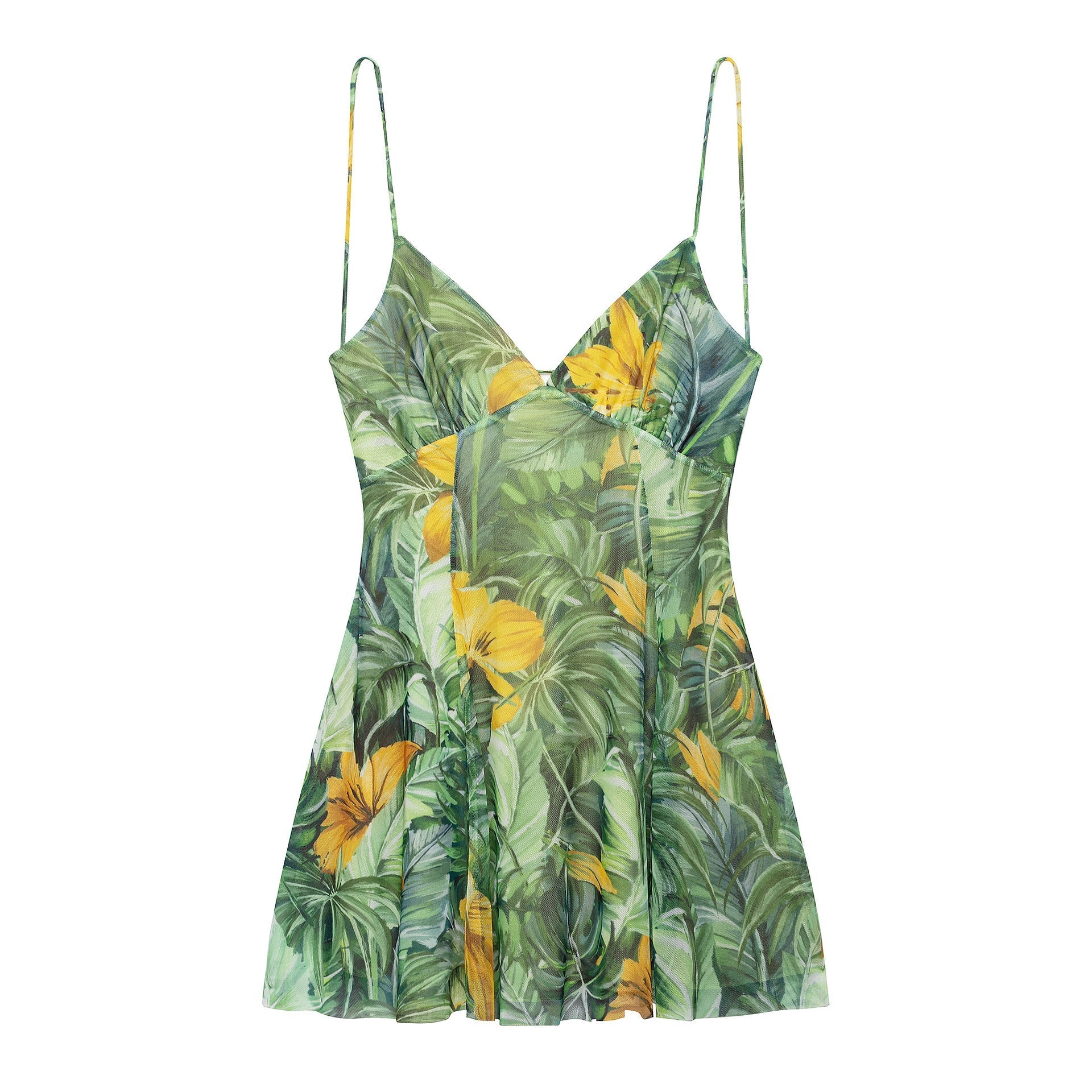 Women's mini dress with floral pattern and delicate spaghetti straps, size