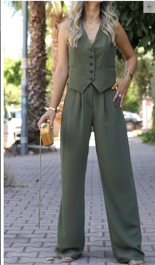 Sleeveless V-neck vest with wide-leg trousers ensemble