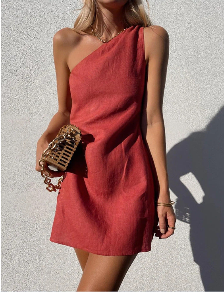 GR | Einfarbiges Slim Fit One-Shoulder Pendelkleid