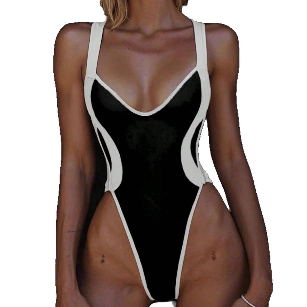 Women's high-cut one-piece swimsuit with contrasting seams, size [size]