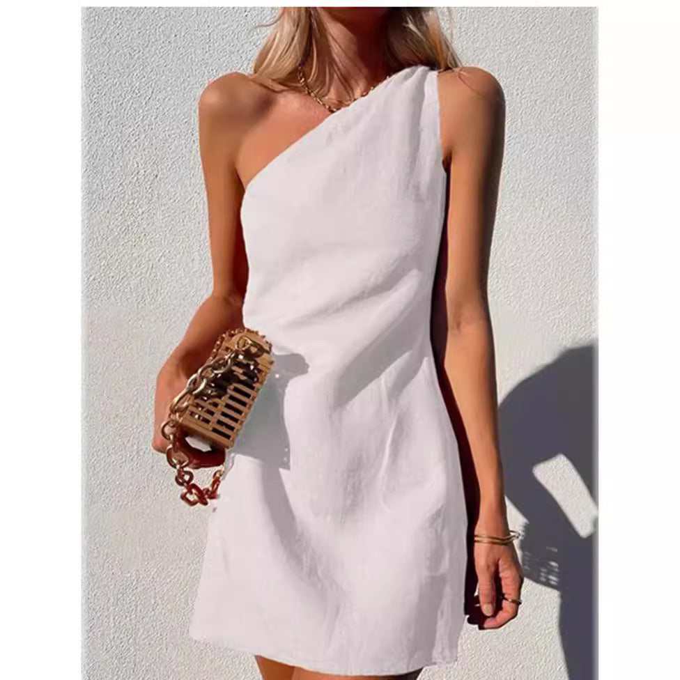 GR | Einfarbiges Slim Fit One-Shoulder Pendelkleid
