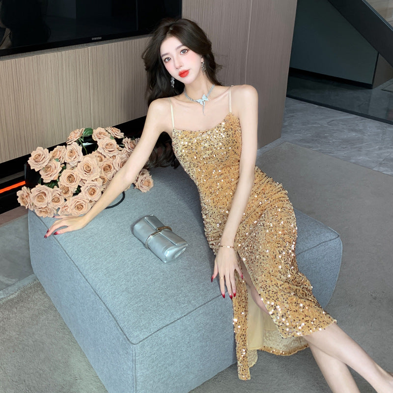 GR | Spaghetti-Träger Heller Glänzender Leichter Luxus Abendkleid