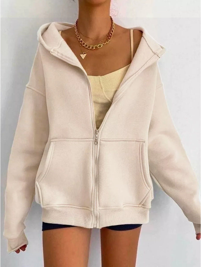 Damen oversized Kapuzenpullover mit Reißverschluss und praktischen Taschen GR