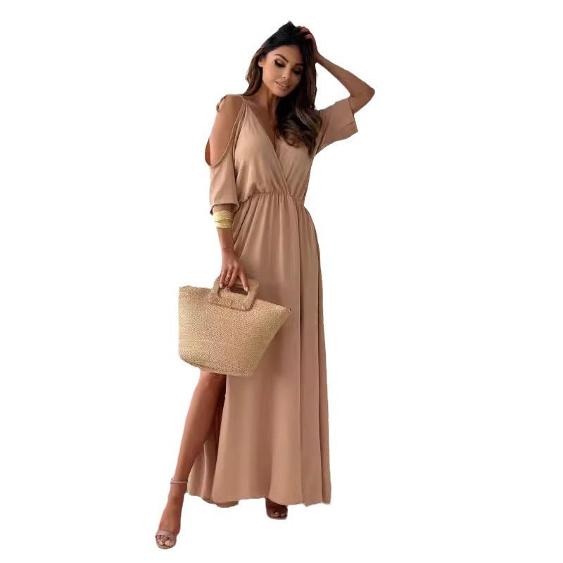 GR | Satin-Träger-Spitzen-V-Ausschnitt-Langes Kleid