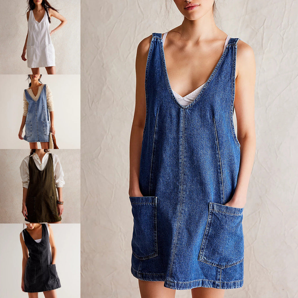 GR | Denim Träger Pocket Verstellbares Mini Kleid