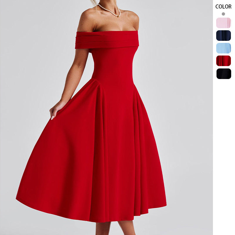 Women's elegant evening dress with off-the-shoulder design and voluminous skirt, size S