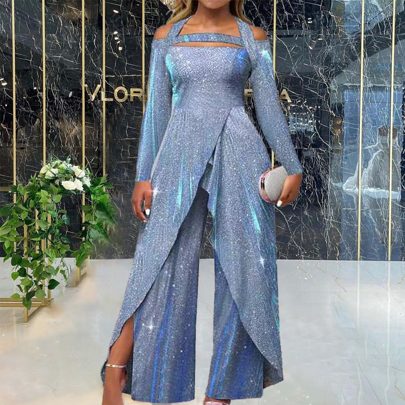 Women's glamorous jumpsuit with shimmering sequin trim and elegant cut-outs, size GR
