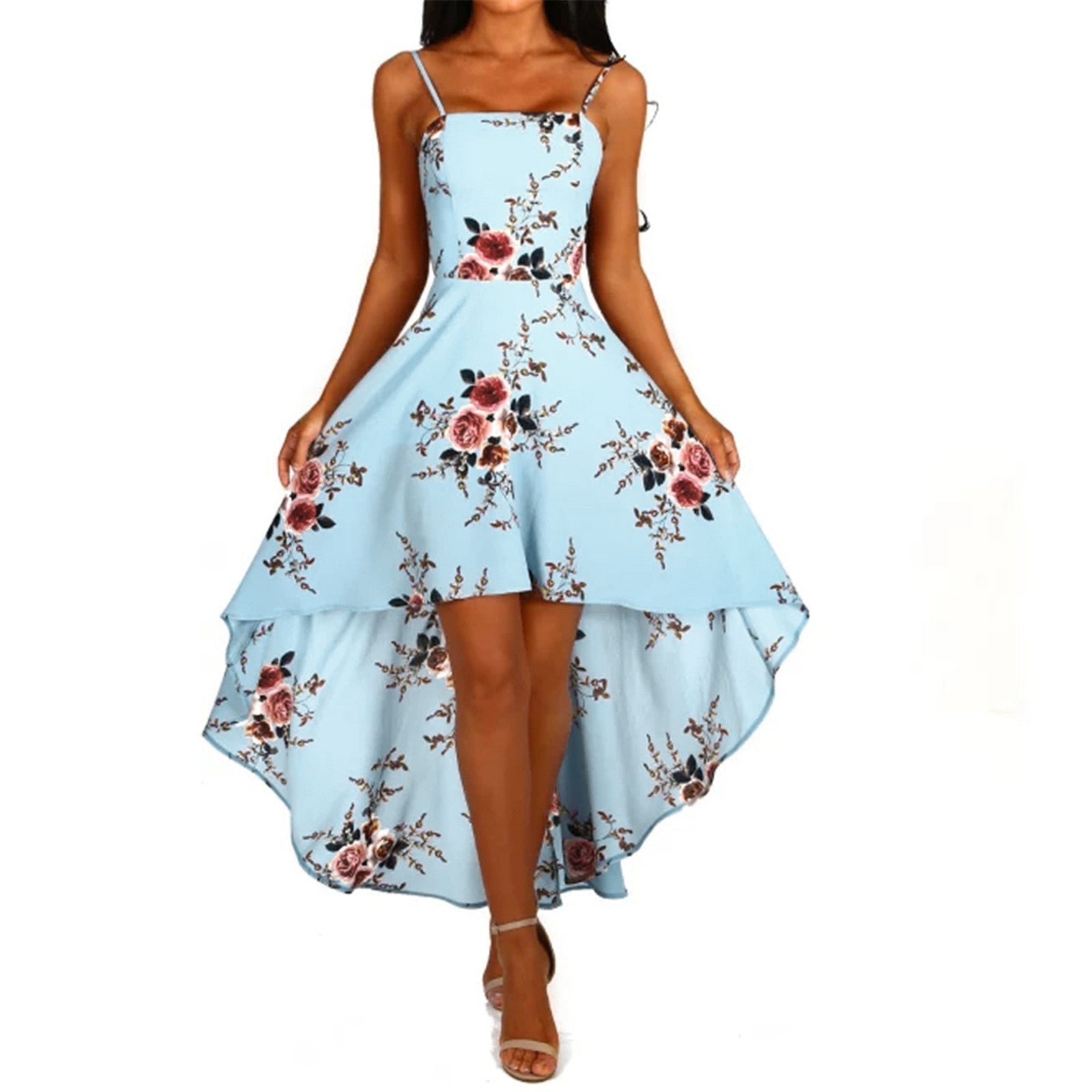 Damen asymmetrisches Blumenkleid mit dekorativen Spaghettiträgern und schwingendem Saum GR