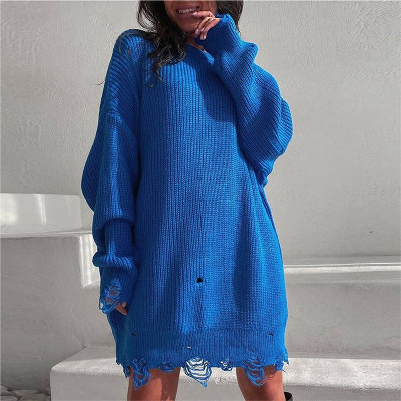 GR Ripped O Neck Oversized Sweater Kleid