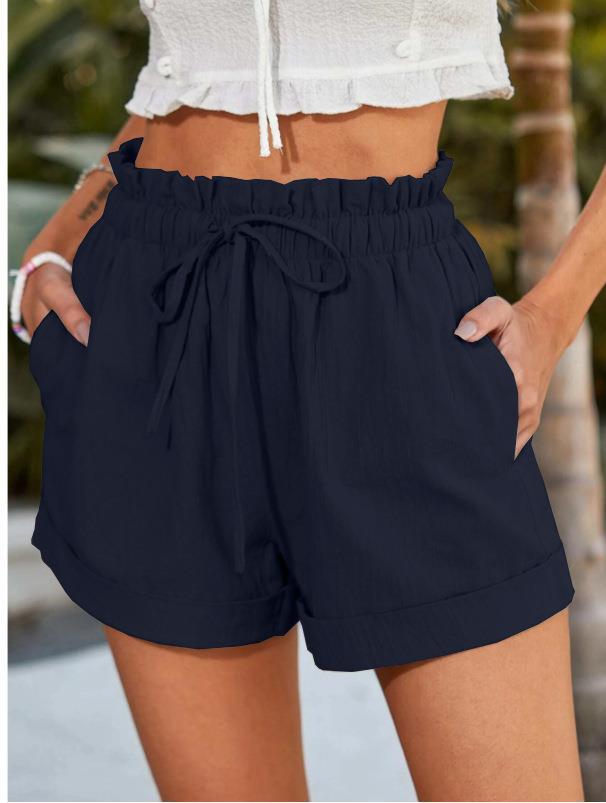 Women's elegant high-waisted fabric shorts with side pockets, size