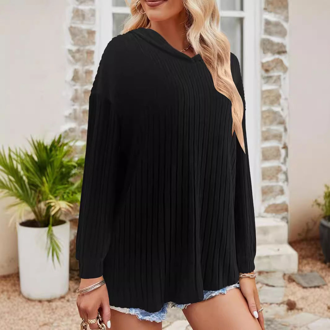 Damen lässiger Kapuzenpullover mit stilvollem Rippmuster und überschnittenen Ärmeln GR