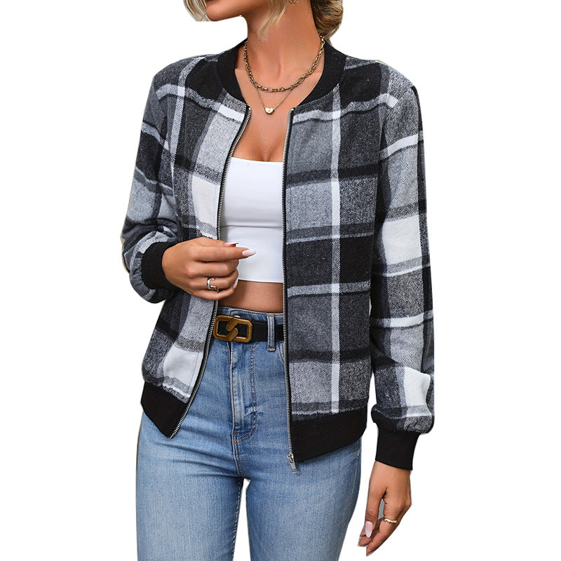 Women's lined plaid jacket with full-length zipper and elasticated cuffs, size S
