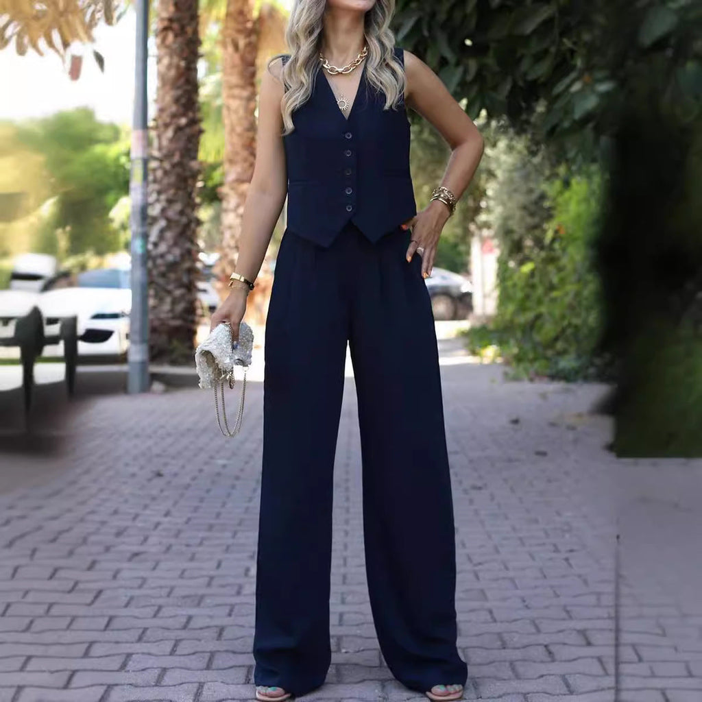 Sleeveless V-neck vest with wide-leg trousers ensemble