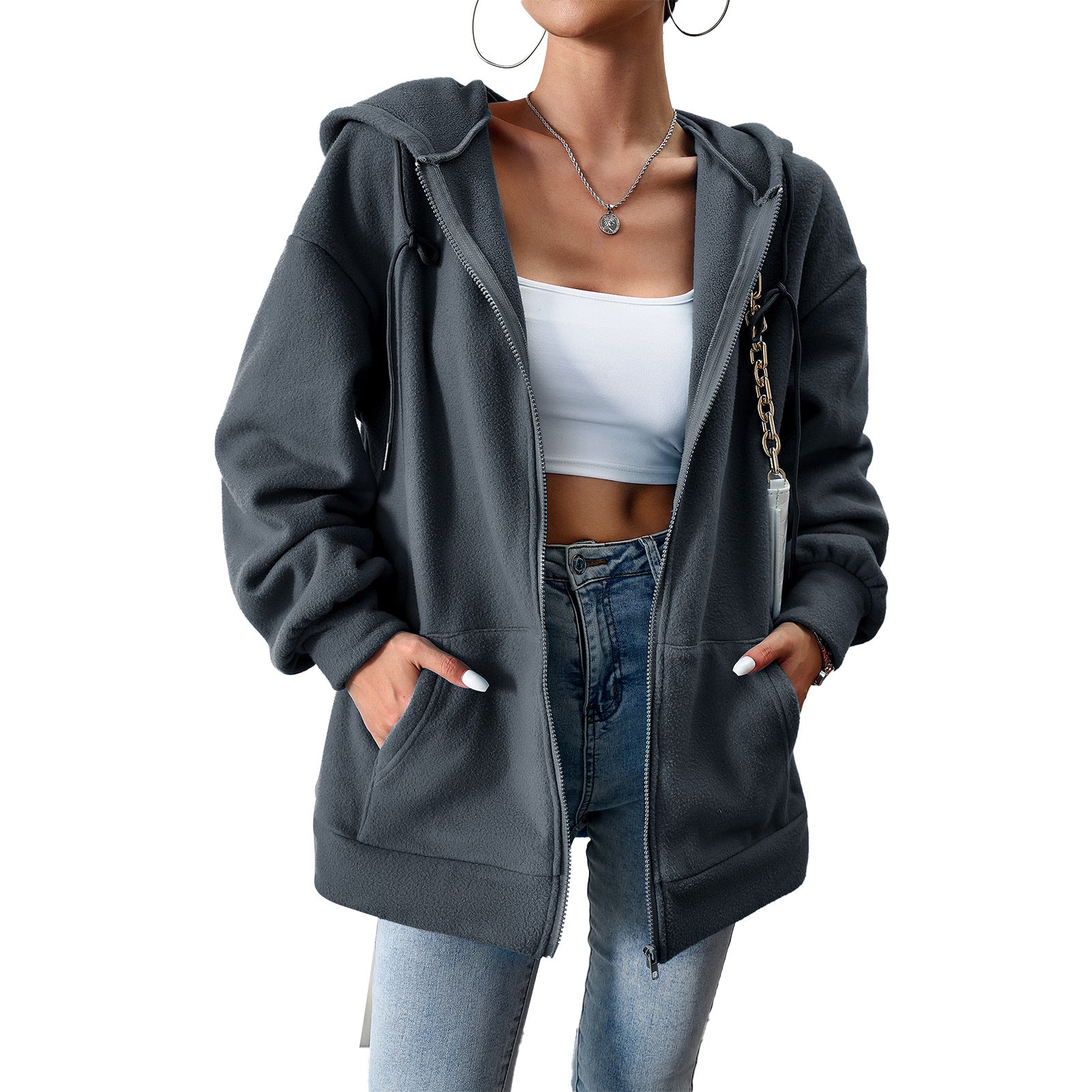 Women's fleece jacket with practical pockets and adjustable hood, size S