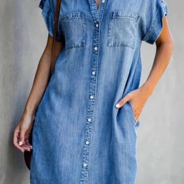 Women's denim shirt dress with two patch pockets and button placket, size