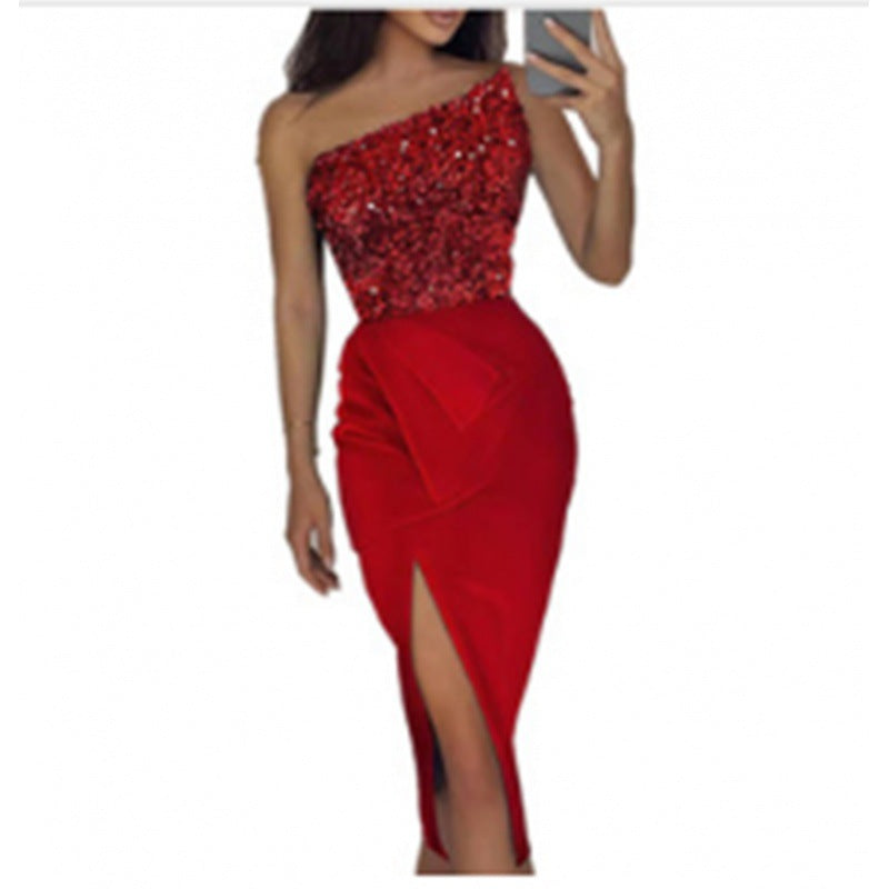 Damen Abendkleid mit asymmetrischem Design und funkelnden Pailletten GR